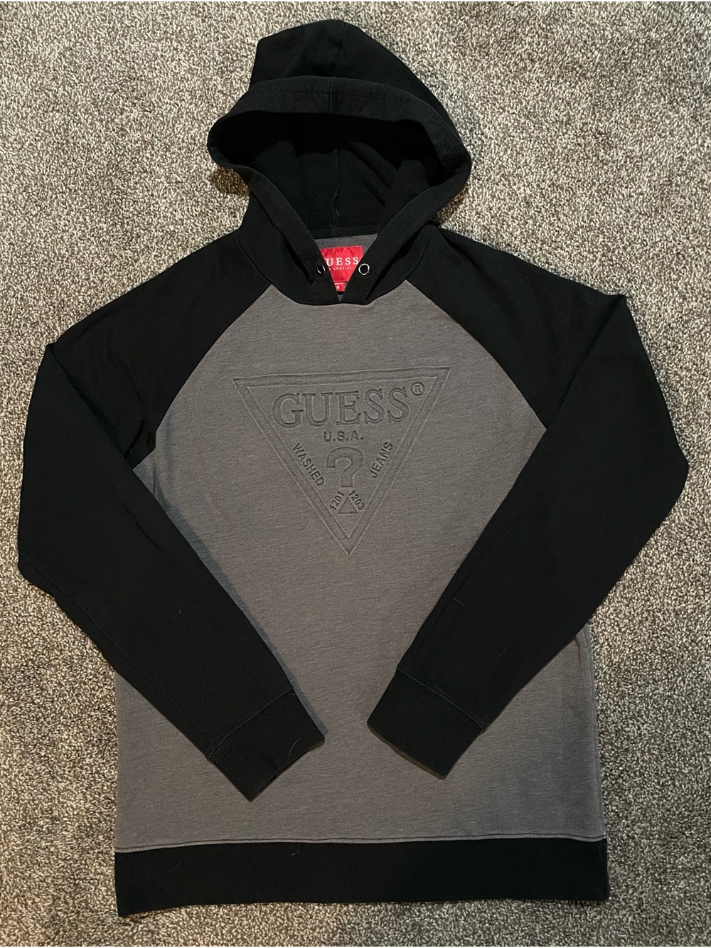 GUESS Two-Tone Black & Gray Hooded Sweatshirt With Embossed Logo